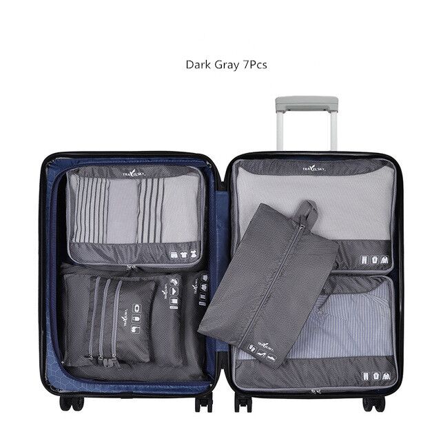 Portable Travel Bags Pouchs Set Storage Bag Suitcase Clothes Cosmetic Organizer Luggage Packing Laundry Accessories Supplies: Dark gray 7 Pcs