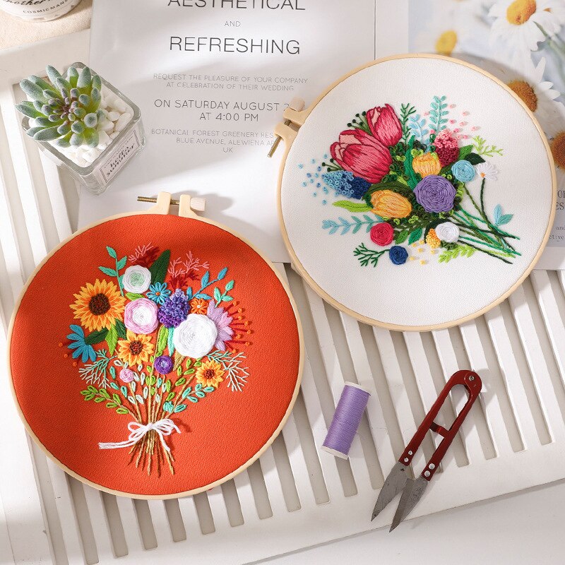 Flower Pattern Stamped Embroidery Kits DIY Embroidery Starter Kit With Bamboo Embroidery Hoop Cross Stitch Sewing Craft