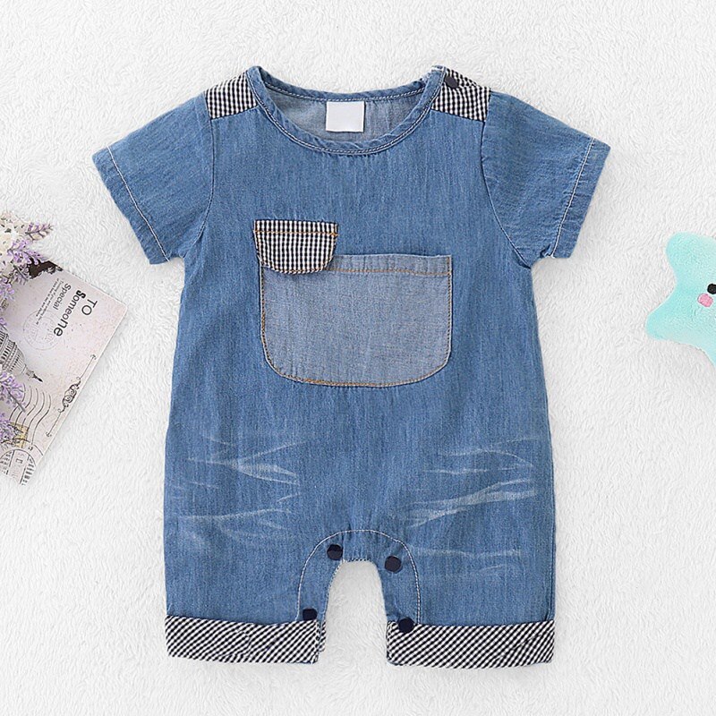 Spædbarn baby dreng denim bukser sød cowboy slips korte ærmer bukser med lomme børn drenge jumpsuit nyfødt tøj 34