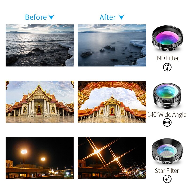 APEXEL 6In1 Kit Camera Lens Photographer Mobile Phone Lenses Kit Macro Wide Angle Fish Eye CPL Filter for iPhone Xiaomi Mi9
