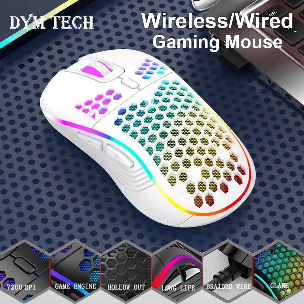Wired/2.4G Wireless Mouse with RGB Backlit 6-button 3-speed DPI Type C Rechargeable Ergonomic Honeycomb Gaming Mouse