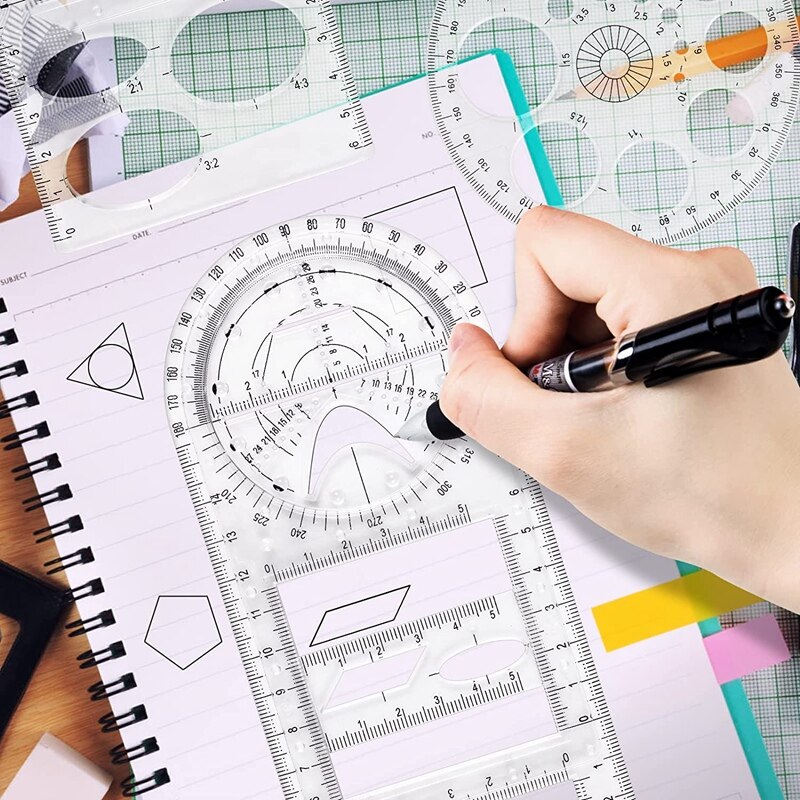 4 Piece Multifunctional Geometric Ruler Set, 2 Multifunctional Geometric Ruler Scale, with 2 Circle Templates