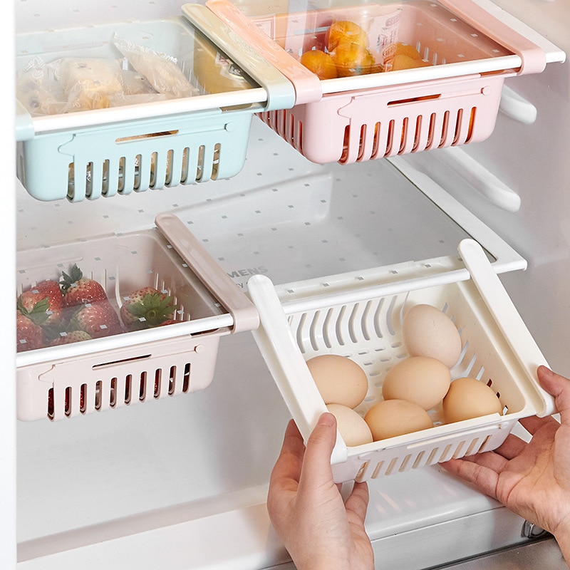 Kitchen Organizer Adjustable Kitchen Refrigerator Storage Rack Fridge Freezer Shelf Holder Pull-out Drawer Organiser Space Saver