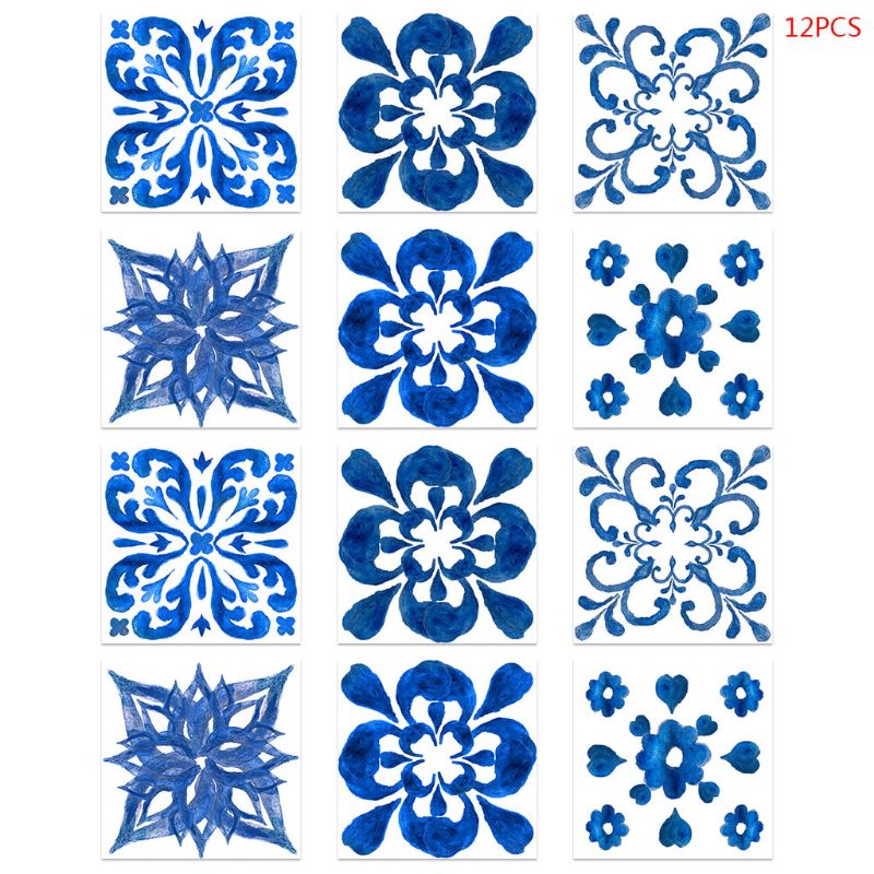 12 stuks Blauw en Wit Porselein Zelfklevende PVC Keramische Tegel Sticker Waterdicht
