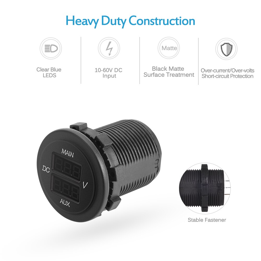 Mictuning 10-60v sininen led -digitaalinen pyöreä kaksoisvolttimittaripaneelin jännitemittari, yleinen auton noutoauton kaksoisakkuun