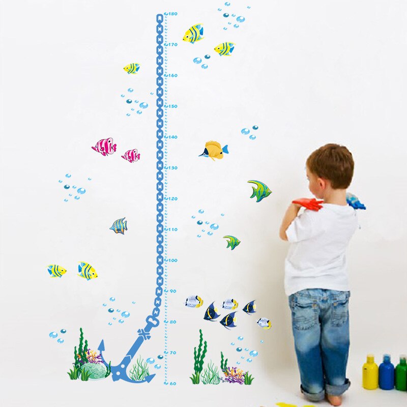 Underwater Fish Turtle Fish Bubble Height Measure Wall Stickers Growth Chart For Kids Room Mural Art Nursery Cartoon Decals