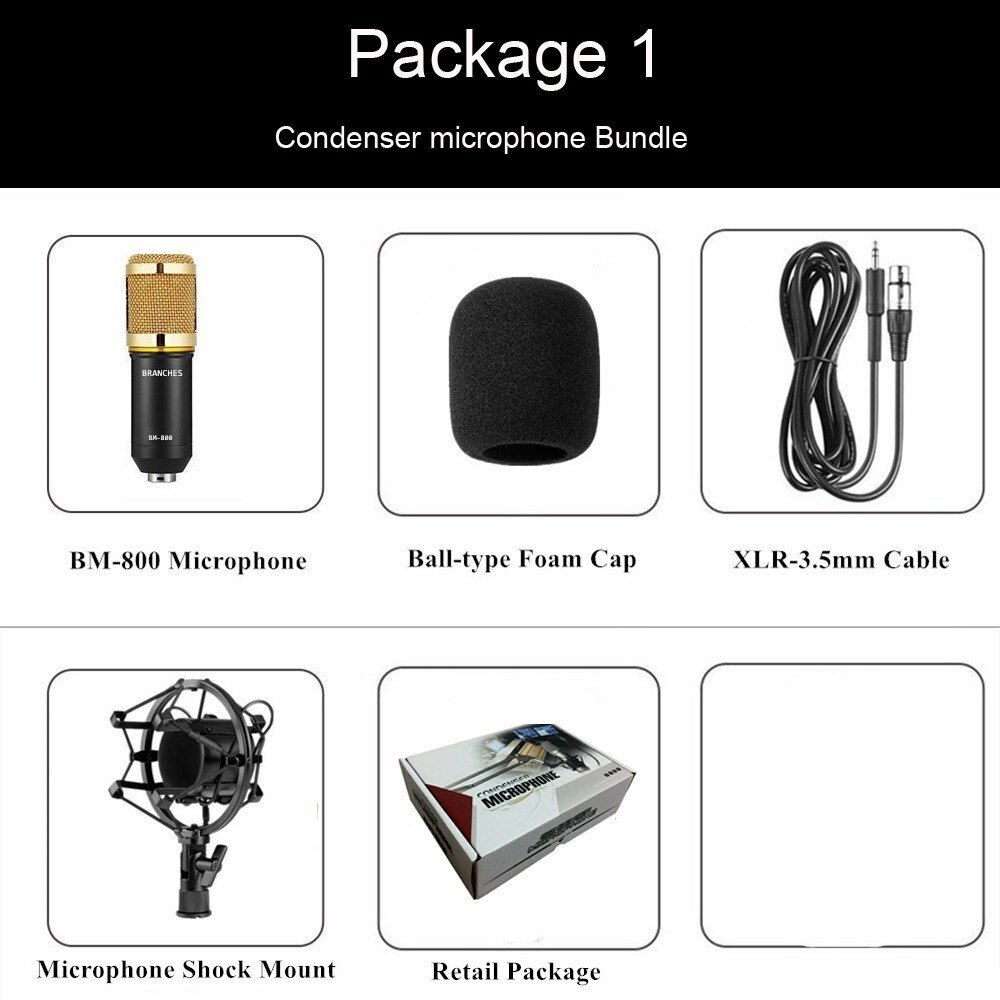 Bm 800 Mikrofon Condenser Sound Recording Bm800 Microphone With Shock Mount For Radio Broadcasting Singing Recording KTV Karaoke: pcakge 1  Black