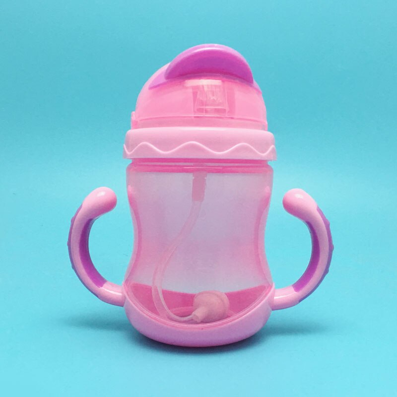 240/330ml silikone baby fodringsflasker halm babyer med håndtag vand mælk bred mund fodring flaske: 240ml lyserøde håndtag