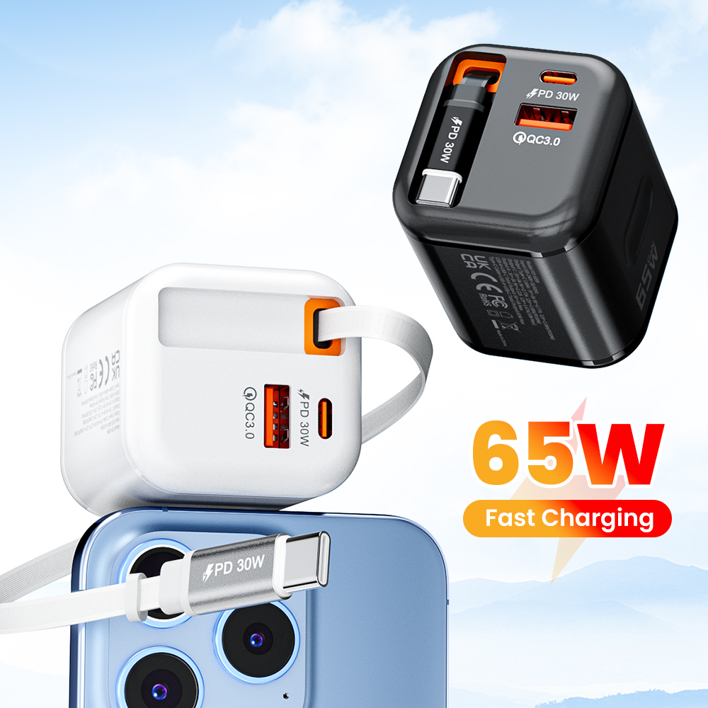 65w- poorts dual-port intrekbare kabel snellader snellader reis usb-c oplader eu/us/uk stekkeradapter voor iphone 15 16 17