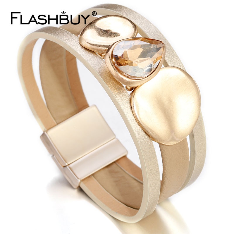 FLASHBUY Big Crystal Metal Leather Bracelets For Women Unique Charms Magnetic Wide Warp Bracelet Jewelry