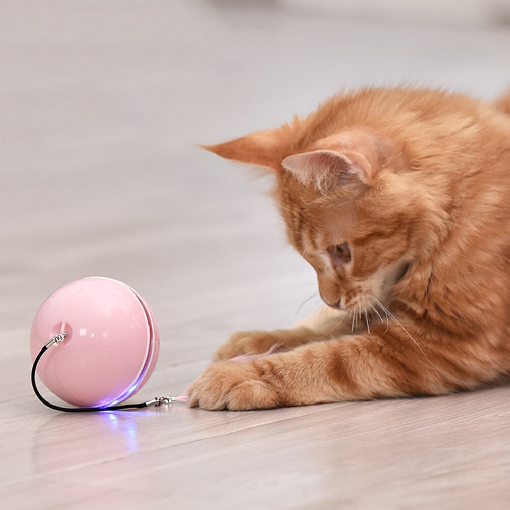 Juguete interactivo para gatos con carga USB, bola giratoria automática, juguete de plumas, LED/campana integrada