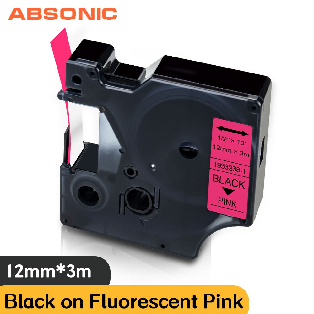 Absonic Zwart Op Fluorescent Roze Label Tape 12Mm * 3M Vervangen Dymo D1 1933238-1 Voor Labelmanager 160 210D 360D 420P Pnp Printer