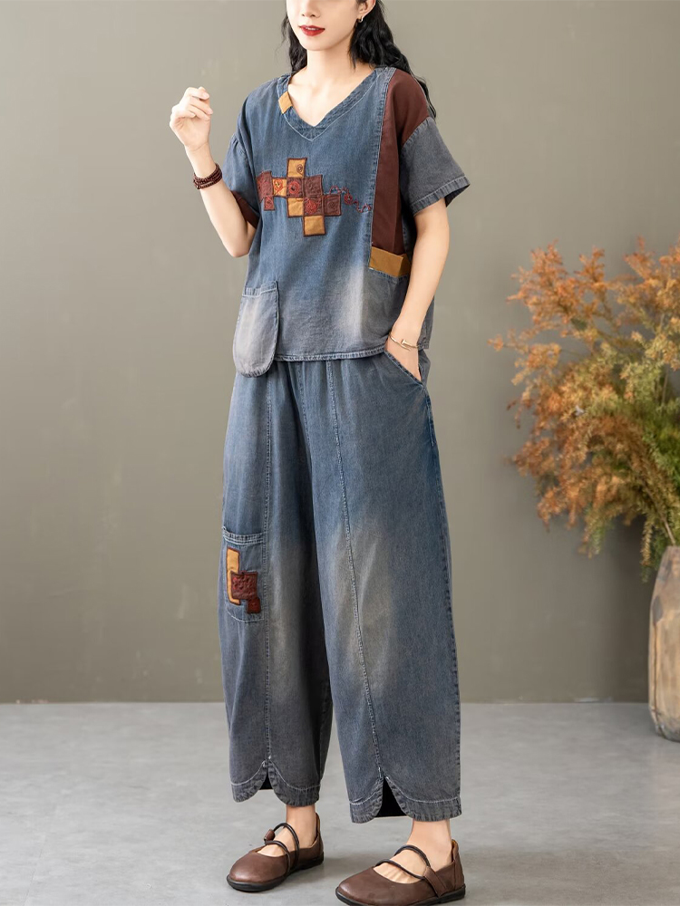 Mass wass sommarkostymer för kvinnor, denim, 2 -delat set, vintage, toppar och byxor, lösa t-shirts, casual jeans, broderi, outfits