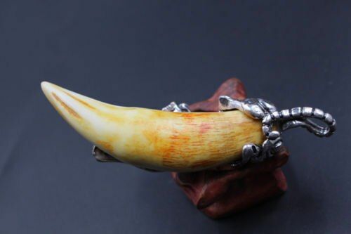 Chinese Antique Tibetan Silver Tiger Inlay Tooth Talisman Big Pendant