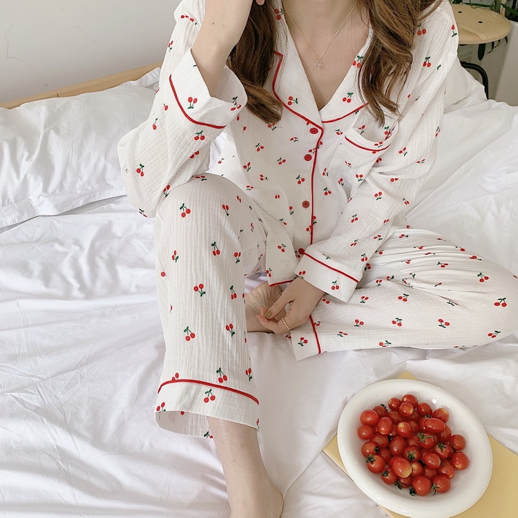 women cotton long sleeve pajamase set cherry home clothes lapel collar pocket shirts pants 2 piece set sleepwear home set Y112