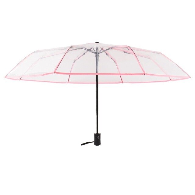 Fancytime gennemsigtig automatisk paraply til kvinder og børn i diameter 93 cm tre foldbare vindtætte solrige og regnfulde paraplyer: Lyserød