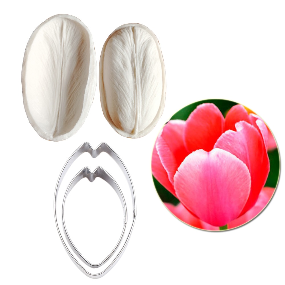 Molde de silicona para decoración de pasteles, vetón y cortador de hojas de tulipán, herramientas de decoración de pasteles, pasta de goma de arcilla, moldes de flores CS267, 2 uds.