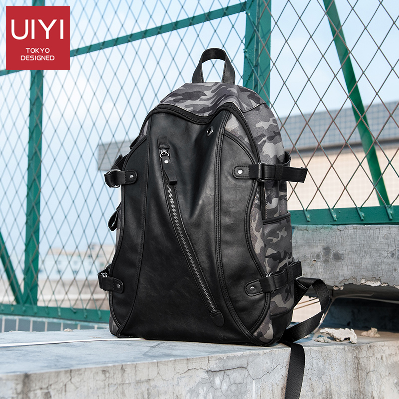 UIYI Korean men's backpack PU leather camouflage backpack large capacity school bag travel laptop bag Headphone hole mochilas