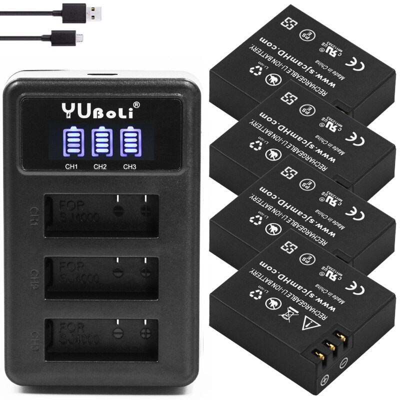original SJCAM sj4000 battery sj5000 sj6000 battery + USB 3lots battery charger for SJCAM sj 4000 5000 6000 SJ M10 camera: charger and 4battery
