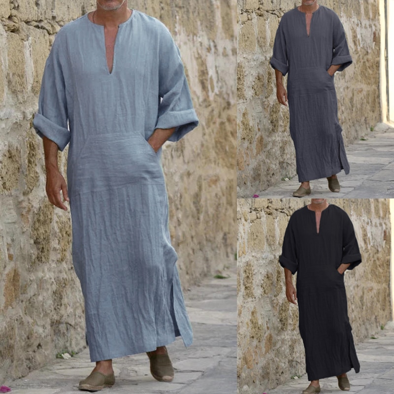 Mannen Islamitische Kaftan Katoen Lange Robe Dress Lange Mouwen Pockets V-hals Lounge Mannen Islamitische Arabische Kaftan Lange Pyjama Gewaad 5XL