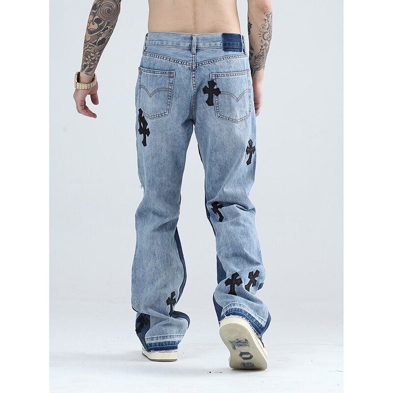 Pantalones vaqueros rasgados para hombre y mujer, ropa urbana de retales de cuero PU con costuras cruzadas, Micro acampanados, estilo Hip Hop