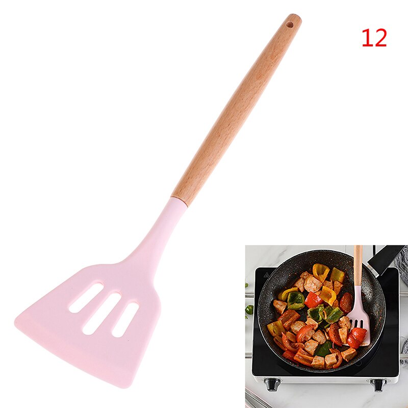 Food-Grade Non-Toxic Silicone Cooking Utensils Set Non-Stick Spatula Shovel Wooden Handle Cooking Tools Set: 12