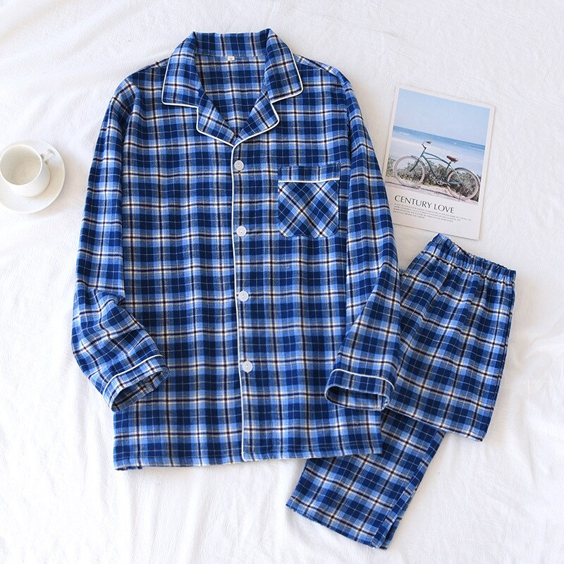 Pyjama à carreaux en flanelle pour Homme, vêtement de nuit en coton, manches longues, pantalon ample, printemps automne Hiver: Red line blue grid / L