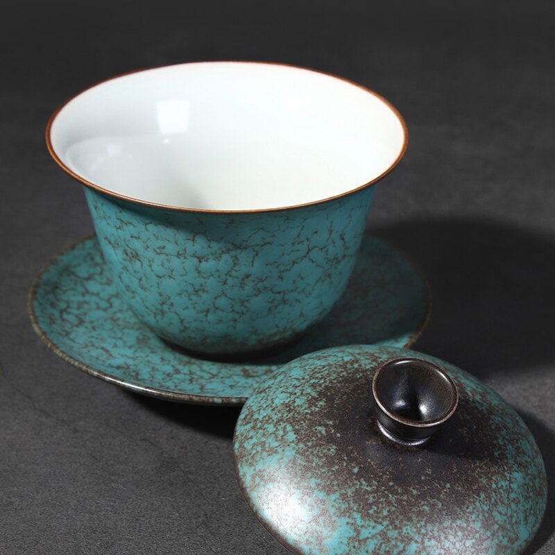Retro Craft Pottery Tea Set Gaiwan Handmade Tureen Cup with Saucer Lid Bowl Cover Set Supplies Ceramics Tea Set Decoration