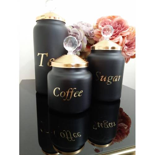 Decoratieve Glas Opslag Pot Edelsteen Dore Thee Koffie En Suiker Opslag Potten Geel Zwart Patroon