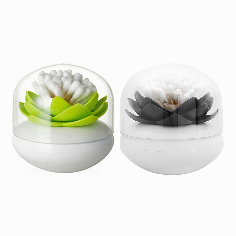 2x Chic Lotus Flower Cotton Bud Holder Toothpick Case Cotton Swab Box Home Decor (Black&amp;Green): Default Title