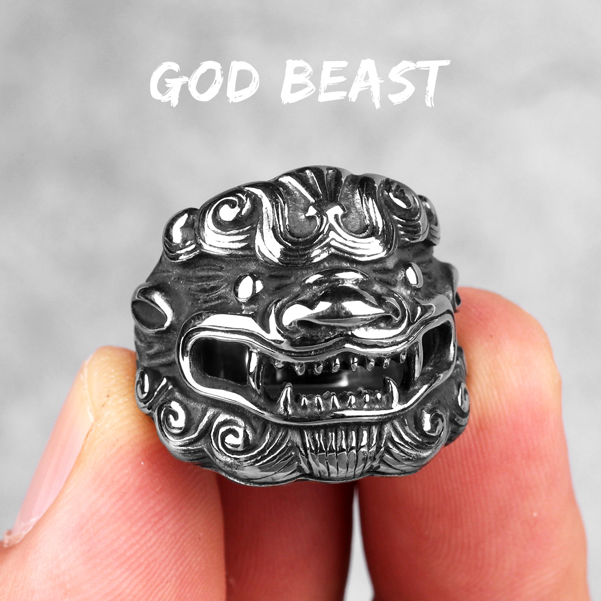 Stainless Steel Men Rings Chinese Style God Beast Kirin Amulet Punk Rock for Male Boyfriend Jewelry Creativity: 12