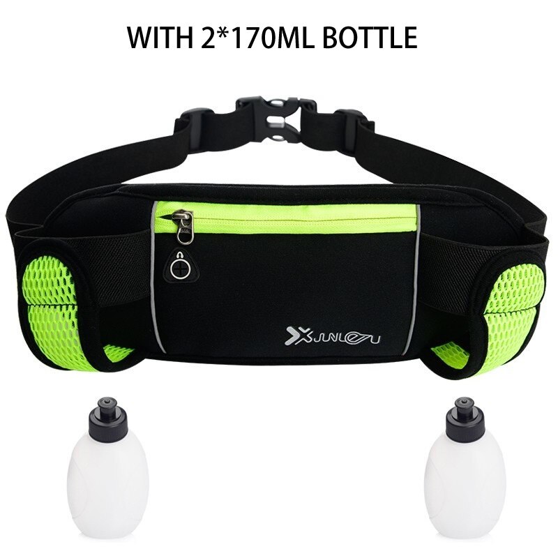 Riñoneras ligeras para hombre y mujer, deportivas, para correr, para exteriores, Neopreno, cinturón de hidratación, riñonera, soporte para teléfono deportivo con 2 botellas: Color verde