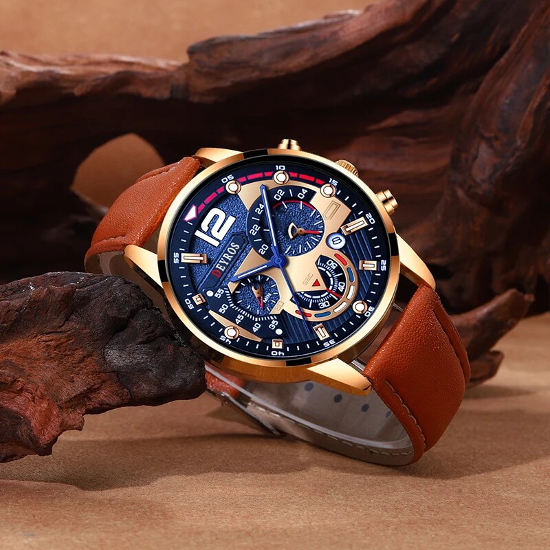 2 Stück einstellen Herren Kalender Uhren Luxus männlich Geschäft lässig braun Leder Quarzuhr Männer Armbinde Armbanduhr