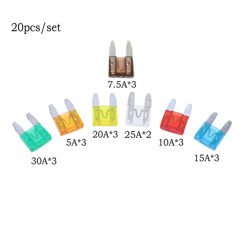 20 stk/sett mini bladsikringer bil sikringer sortimentsett sett 5/7.5/10/15/20/25/30a sikringer minisikringer
