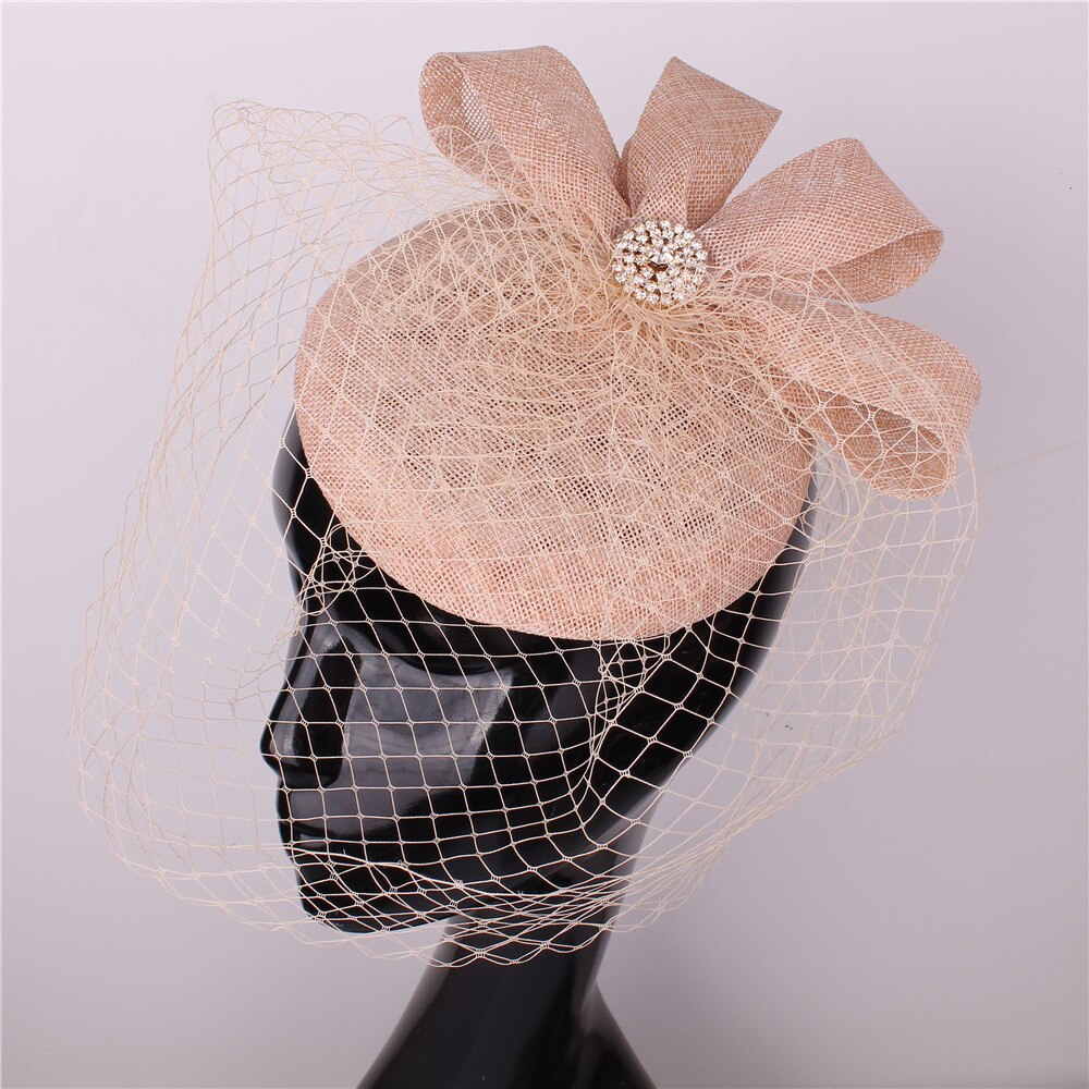 Vintage Mesh ślubne nakrycie głowy panna młoda elegancka moda Fascinator kapelusz kobiety formalne Party Chapeau z kapturem klip z welony nakrycia głowy: peach