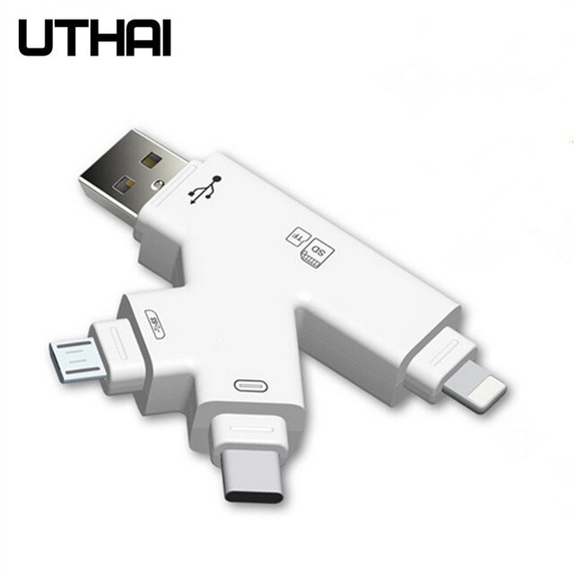 UTHAI C11 Lightning Card Reader SD TF USB C to MicroUSB Multi Card readers 4in1 Type-C Flash Drive For Iphone 7 8 11 X XR MAX: C11-K-White