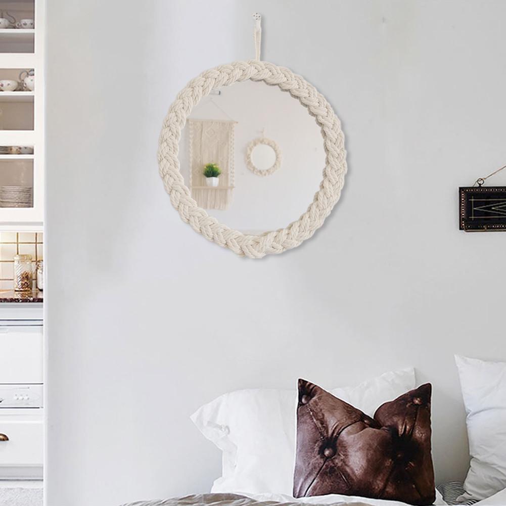 Espejo colgante de pared nórdico para maquillaje, bonito espejo trenzado de cuerda de algodón para decoración de sala de estar y dormitorio