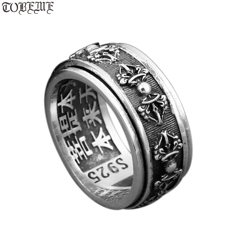 Fatti a mano In Argento 925 Tibetano Dorje Anello Vintage Thai Argento Buddista Vajra Simbolo Sterling Anello di Filatura Ad Anello BUONA FORTUNA
