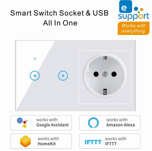2 In 1 Wall Smart Switch Socket Tempered Glass for Ewelink and smart life APP Touching Button Wall Smart Light Controlling Panel: 2gang white
