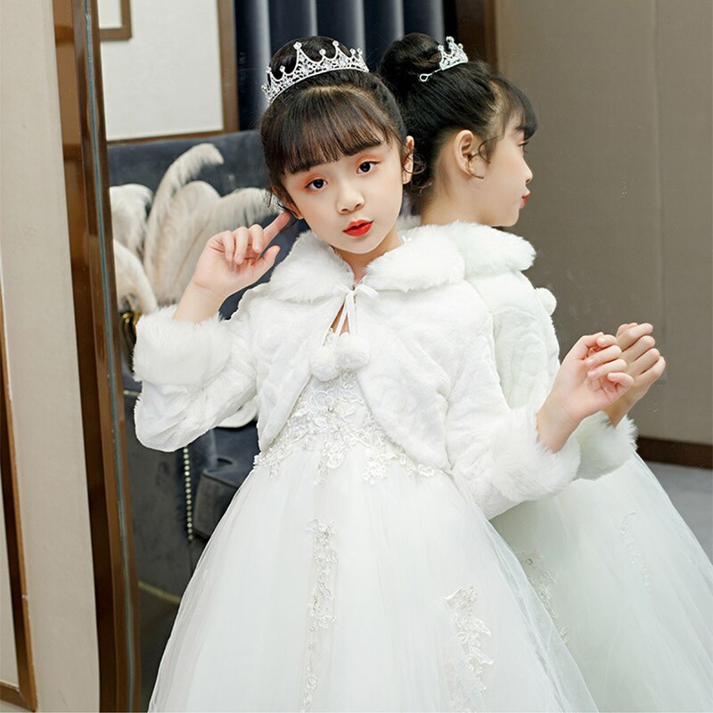 Long Sleeve Girls Faux Fur Jacket Bridesmaid Birthday Party Wedding Jacket for Flower Girls Dress Wraps Coat Cloak Bolero Cape