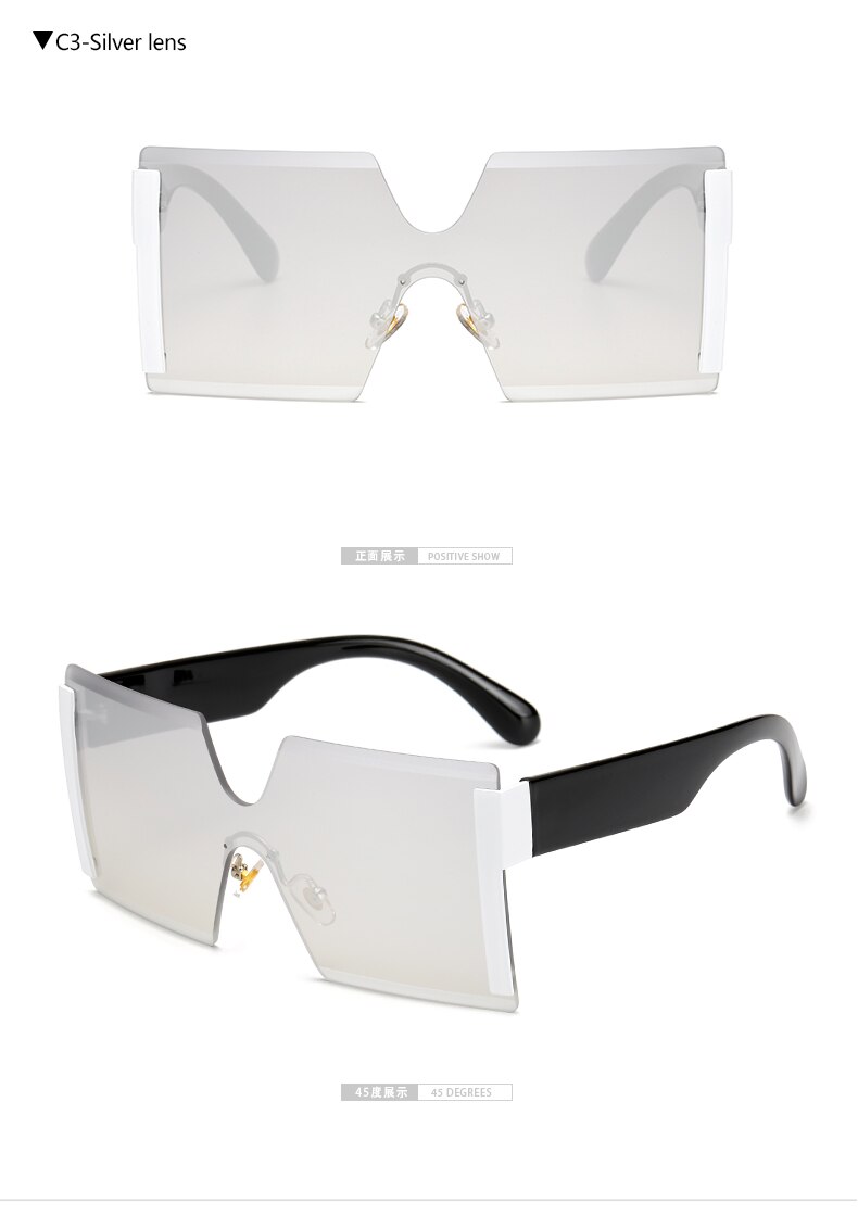 Oversized Square Rimless Sunglasses Women Brand Flat top Big Sun Glasses Female One Piece Travel Gafa de sol 6931: C3 silver lens
