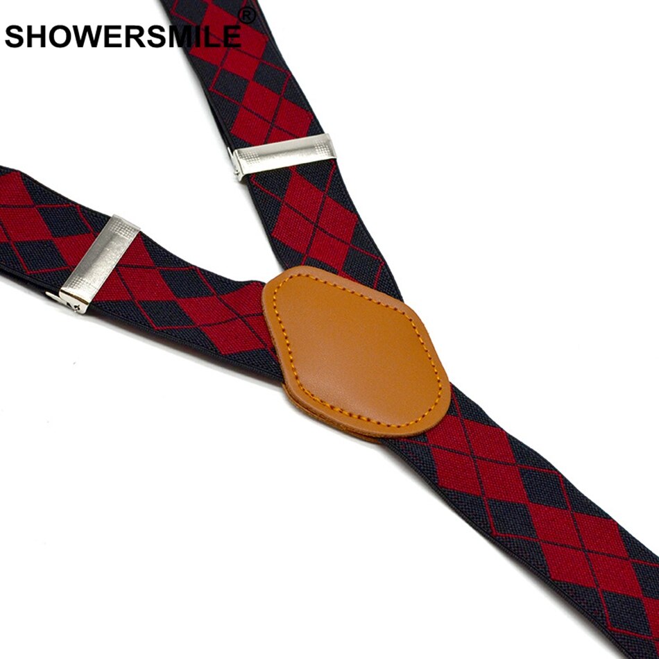 Showersmile hängslen man för byxor svart röd argyle justerbart y back hängselbälte 3 klämmor med läder hängslen