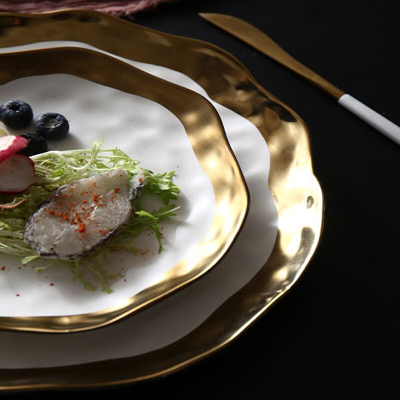 Ceramic Inlaid Golden Steak Plate Ripple Western Kitchen Utensils Tray Display Decoration Tableware Dishes