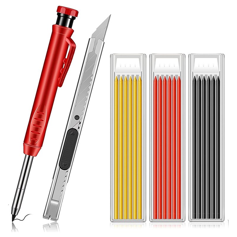 5 Pcs Solid Carpenter Pencil Set With 18 Refills And 1 Utility Knife Built-In Deep Hole Construction Pencil Marking Tool: Default Title