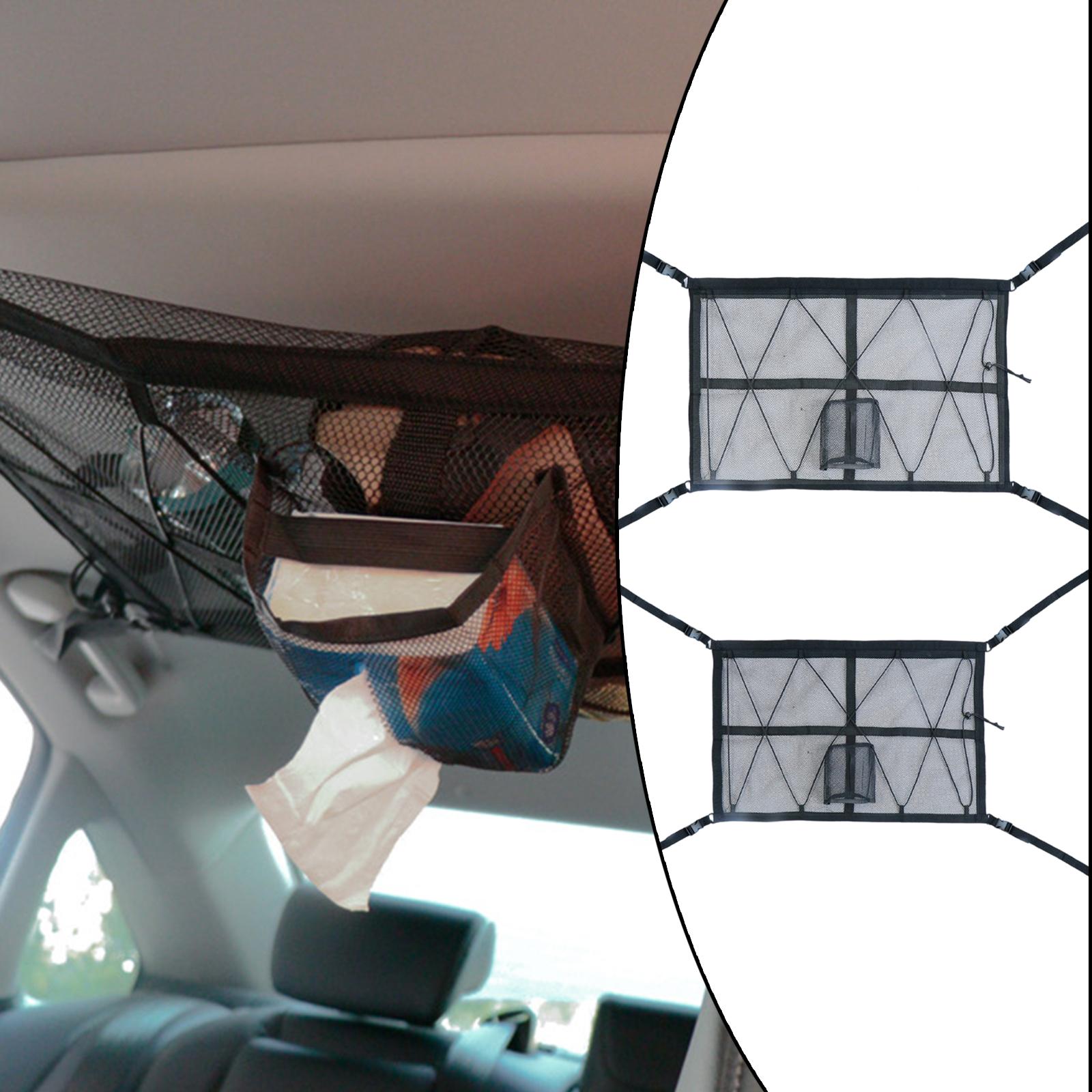 Car Roof Ceiling Cargo Net Pocket Double Layer Interior with Zipper Buckle Breathable Bag Car Tents for SUV Camper Van Truck MPV