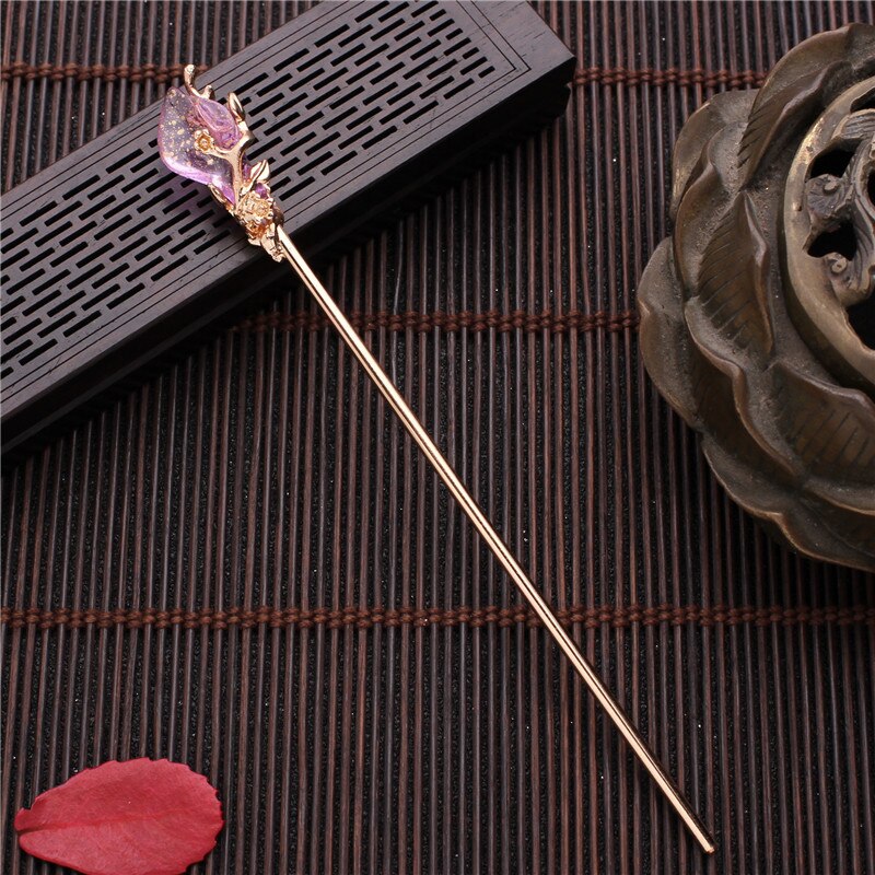 Moda chinês tradicional liga de metal vara de cabelo do vintage flor grampos de cabelo grampos para o cabelo feminino jóias acessórios presentes: Gold Purple