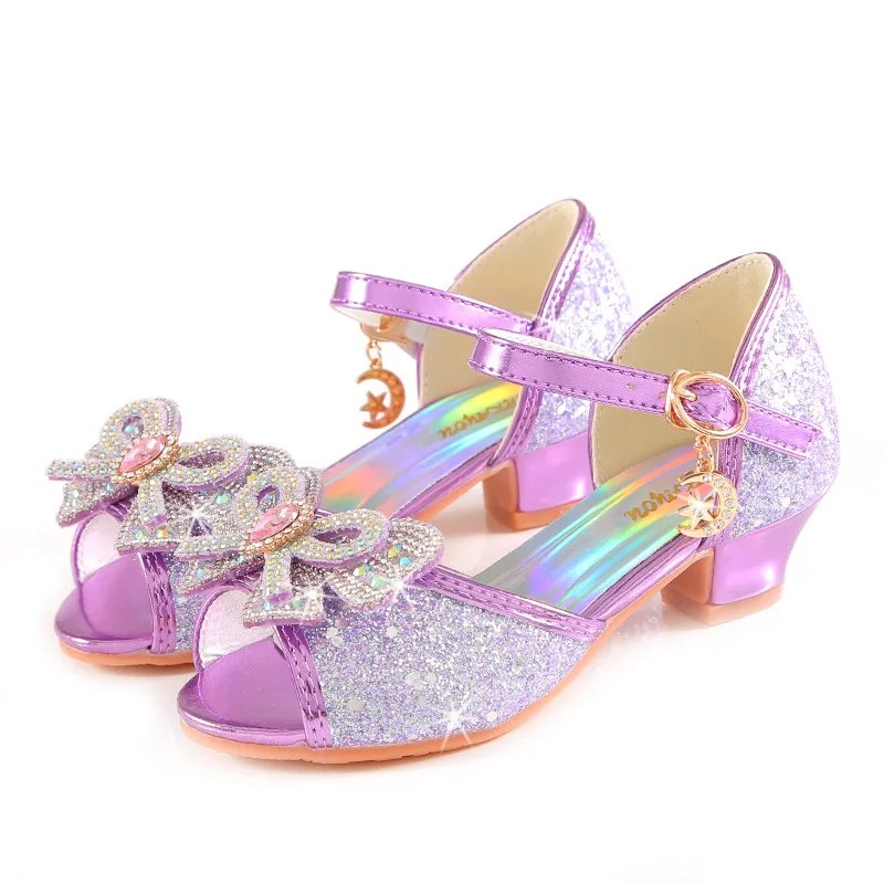 Sandalias de verano para niñas con tacón, zapatos con purpurina brillante y diamantes de imitación a la , zapatos de baile con perlas y pajarita de princesa para niños H876: Morado / 32