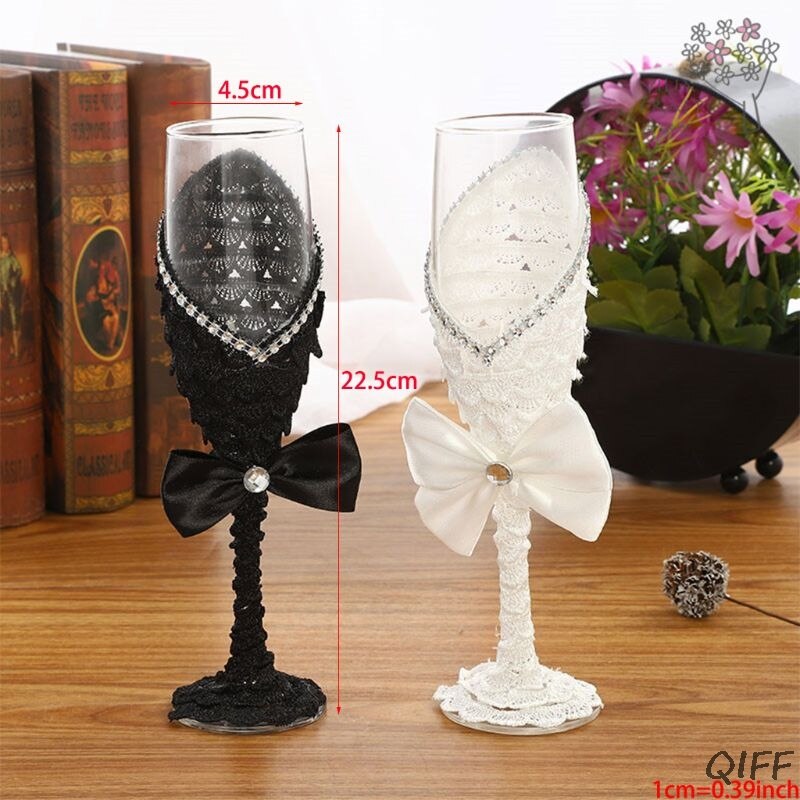 2 st set bröllopsglas svart vit klänning kristall bröllop champagneglas