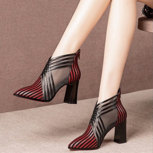 Femmes talon bottines femme rouge bottes pour femmes Zip chaussures maille femme talons hauts bout pointu chaussures: Red / 8.5