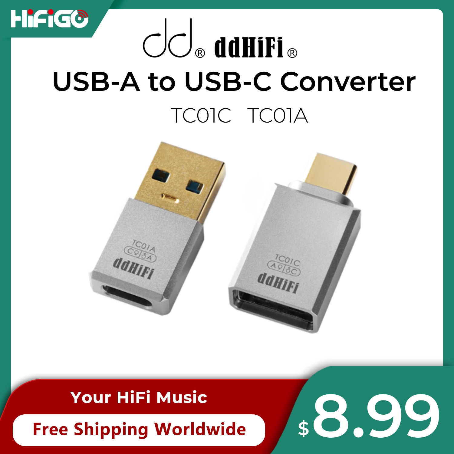DD ddHiFi TC01A and TC01C HiFi USB-A to USB-C Adapter Converter, Compatible with Phone, Computer, PC, Tablet and More